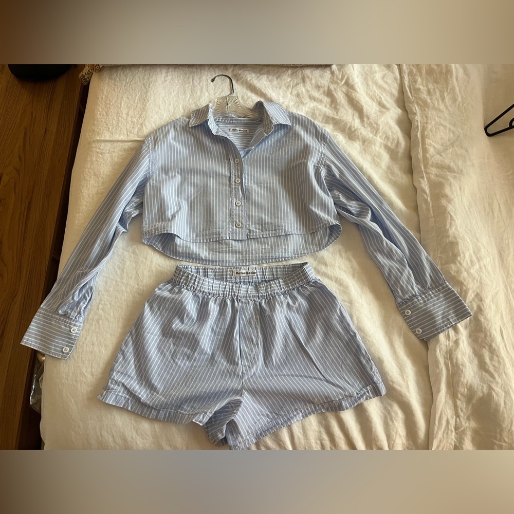 Reformation Baby Blue Striped Cropped Shirt and Shorts Set - XS/0